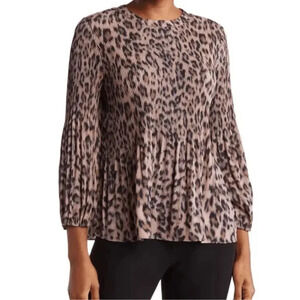 Adrianna Papell Pleated Georgette Blouse Realistic Cheetah Print Size M